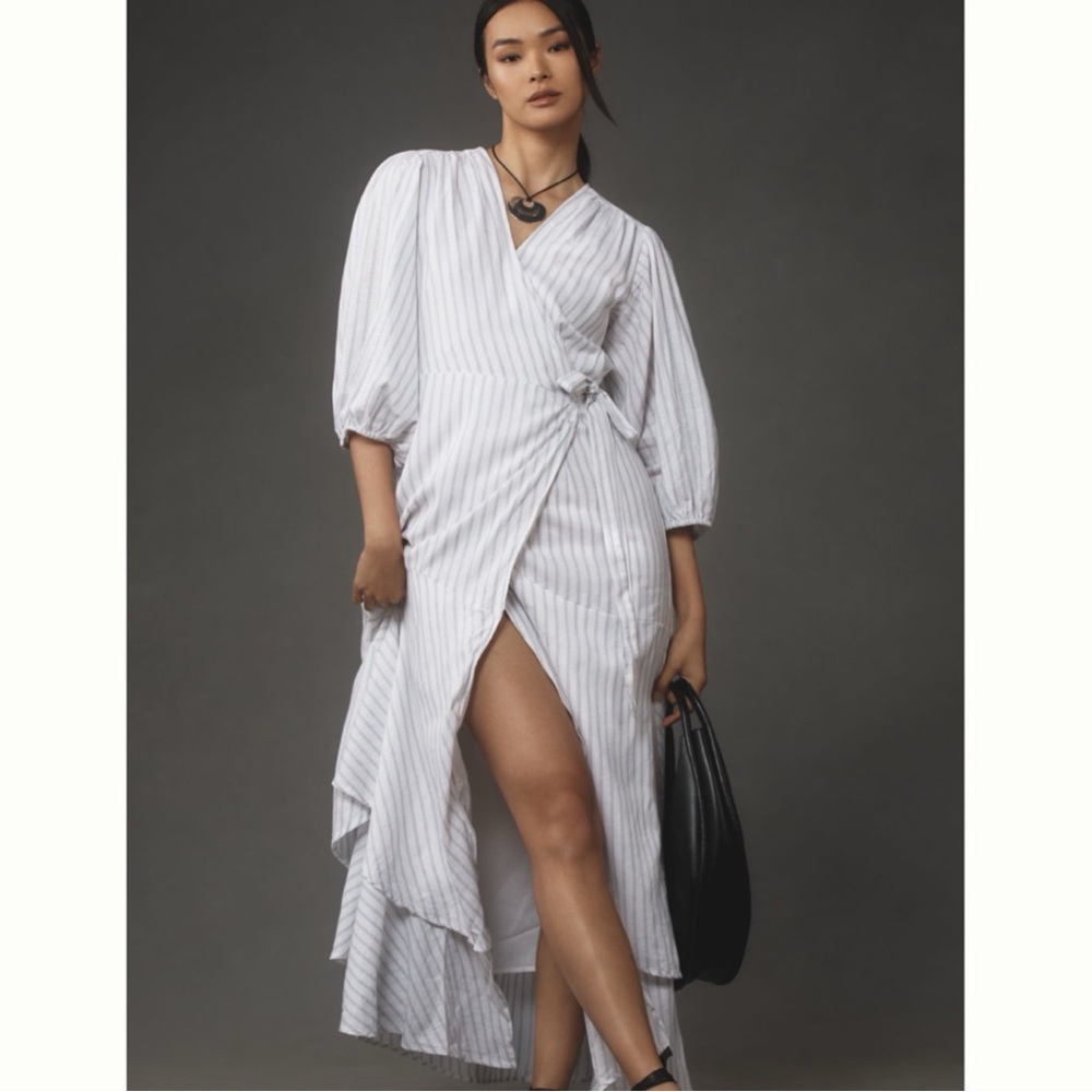Anthropologie Maeve Tiered Linen Asymmetrical Wrap Dress NEW Large Grey Stripe